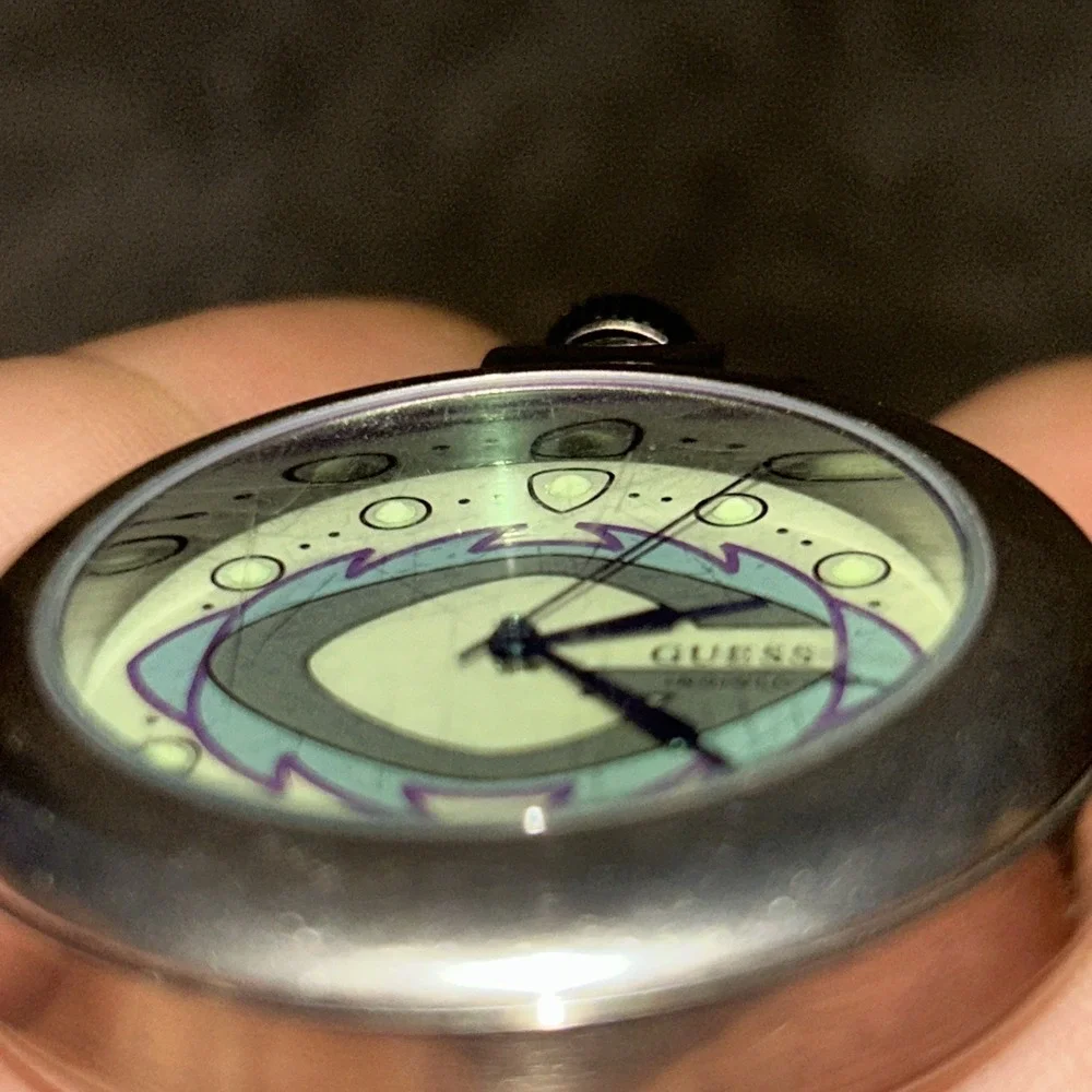 Guess Indiglo Silver Tone Multicolored Dial‎ 44mm Quartz Analog Pocket Watch E2
